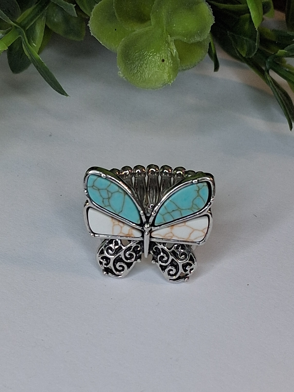 Turquoise and White Crackle Stone Butterfly Ring